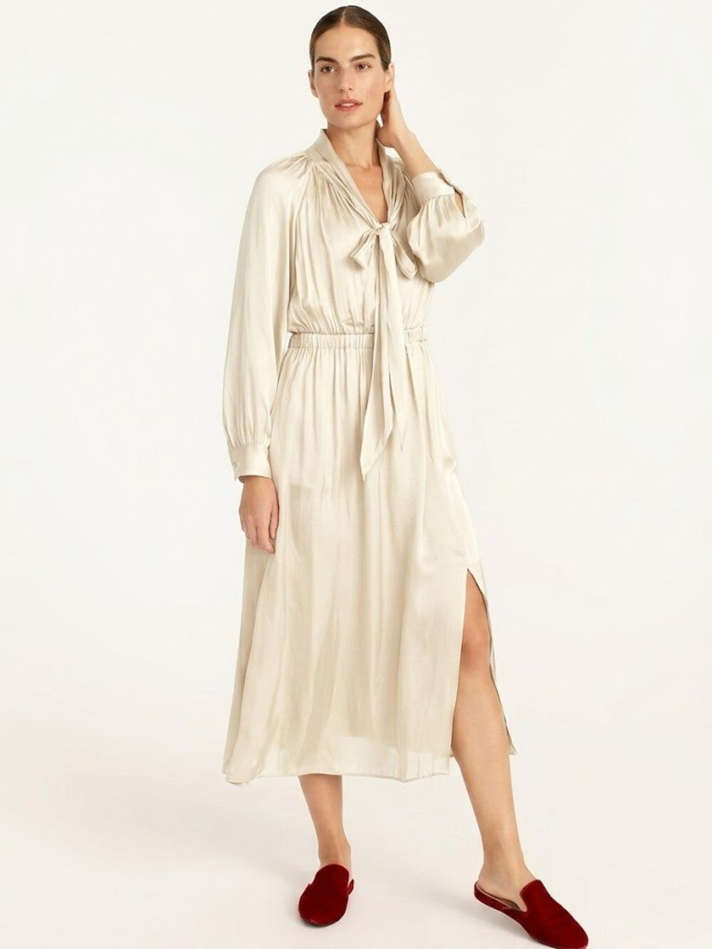 NWT J.Crew Featherweight Satin Tie-Neck Midi in Antique White Side Slit Dress M - Picture 2 of 7